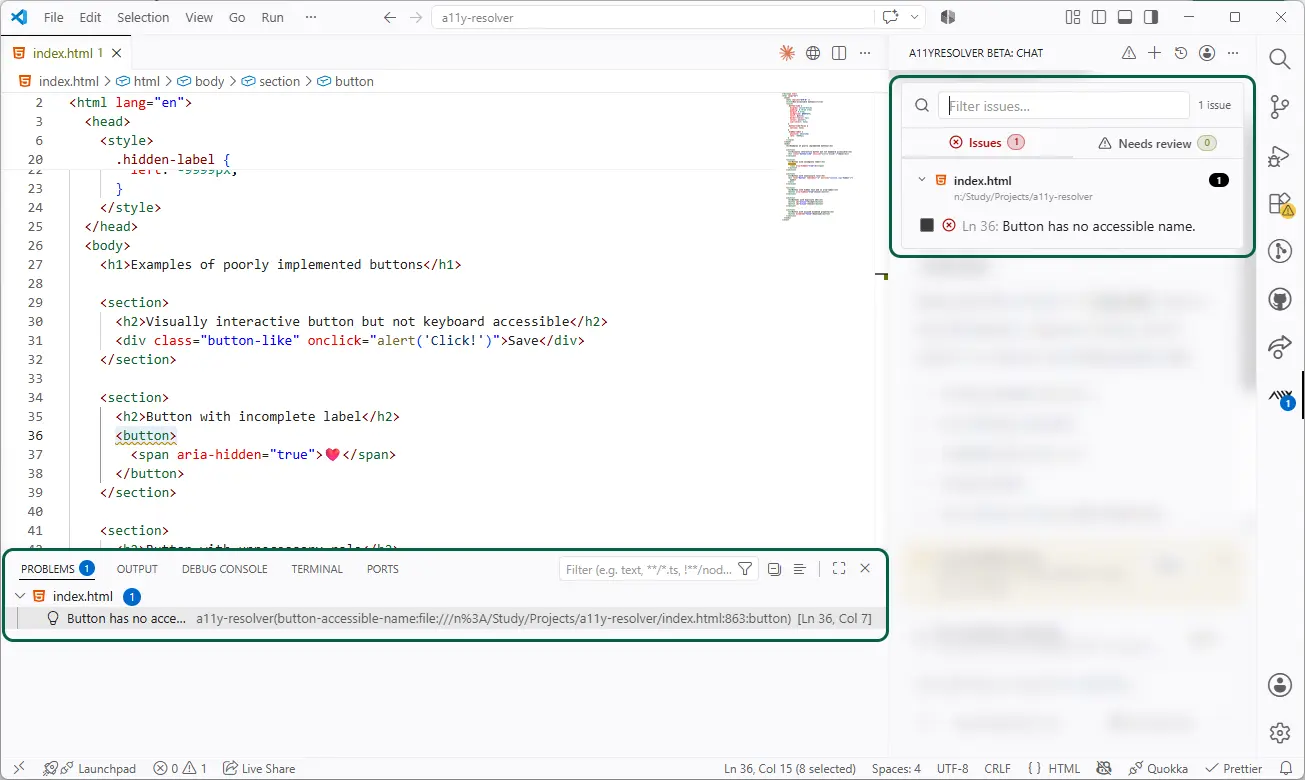 A11yResolver en VS Code detectando un problema de accesibilidad en tiempo real: a la izquierda, el archivo index.html con un elemento button marcado en la línea 36; a la derecha, el panel Issues de A11yResolver destacando 'Ln 36: Button has no accessible name'; abajo, el panel Problems repitiendo el mismo hallazgo — mostrando los problemas por todo el editor mientras trabajas.