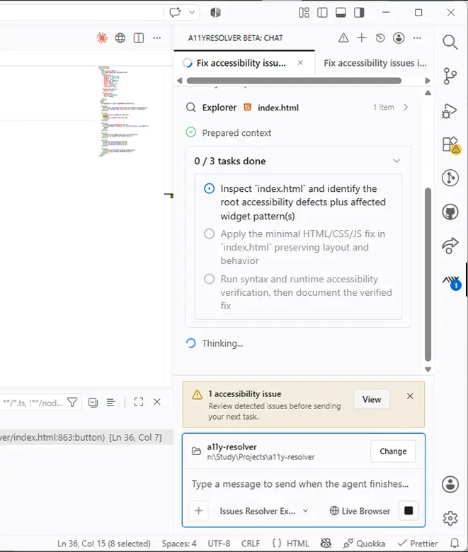 Panel de A11yResolver en VS Code mostrando un solo comando en curso: 'Fix accessibility issues in this component: index.html', con el agente ejecutando un plan de 3 tareas — inspeccionar el archivo para identificar defectos de accesibilidad y los patrones de widget afectados, aplicar el arreglo mínimo de HTML/CSS/JS preservando el layout y el comportamiento, y ejecutar la verificación de accesibilidad de sintaxis y runtime. Un aviso de '1 accessibility issue' aparece encima del área de entrada.