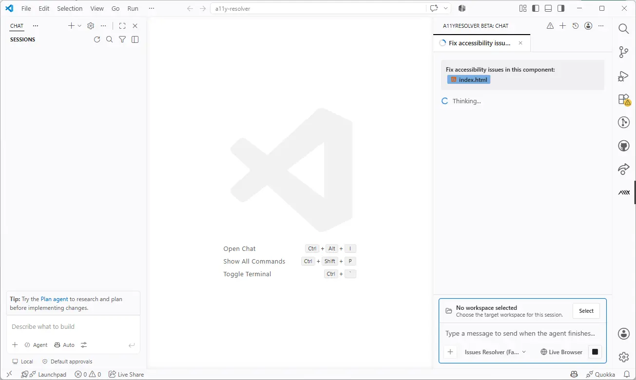 A11yResolver en VS Code con un workspace vacío y una sesión nueva abierta a la derecha: el panel de chat muestra el mensaje 'Fix accessibility issues in this component: index.html' seguido del agente 'Thinking…'; debajo, el área de entrada para describir la próxima tarea, con las opciones Live Browser e Issues Resolver disponibles.