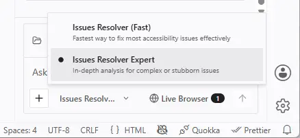 Selector de modo de A11yResolver en VS Code con 'Issues Resolver Expert' seleccionado — 'In-depth analysis for complex or stubborn issues' — tras cambiar desde Fast. El toggle Live Browser en la barra muestra una sesión activa con un badge de '1'.