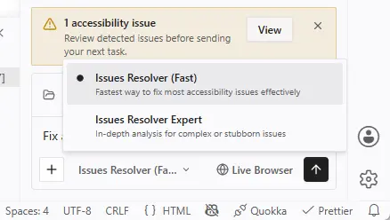 Selector de modo de A11yResolver en VS Code con 'Issues Resolver (Fast)' seleccionado — 'Fastest way to fix most accessibility issues effectively' — mientras 'Issues Resolver Expert' permanece visible debajo como alternativa. Un aviso de '1 accessibility issue' aparece encima, recordando revisar los problemas detectados antes de enviar la próxima tarea.