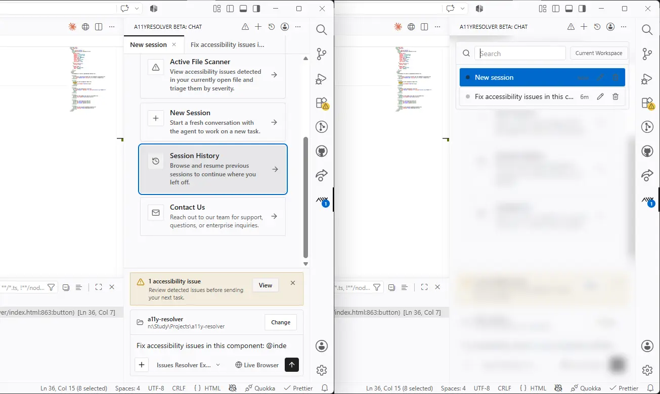 Menú de sesiones de A11yResolver en VS Code mostrando opciones para cambiar de contexto: 'Active File Scanner', 'New Session', 'Session History' (destacado) y 'Contact Us'; a la derecha, el panel Session History listando la 'New session' actual y la anterior 'Fix accessibility issues in this c…' de hace 6 minutos — permite retomar el trabajo sin perder el hilo.